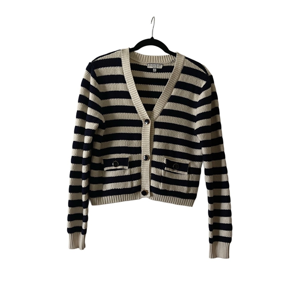Bagatelle Striped Cardigan Navy Ivory Cropped V-Neck Button Sweater S